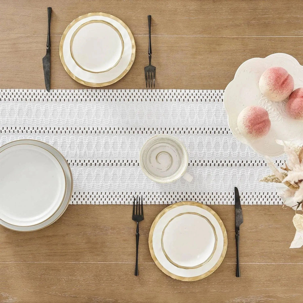 Chemin de Table Blanc Lin - Jacquard Macramé Franges Raffiné