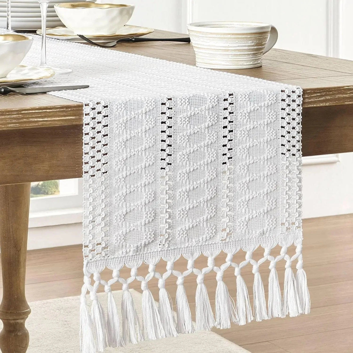 Chemin de Table Blanc Lin - Jacquard Macramé Franges Raffiné