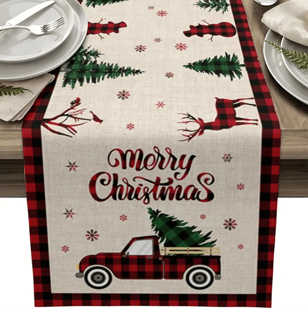 Chemin de Table Blanc Noël - Christmas Truck Lin Rustique