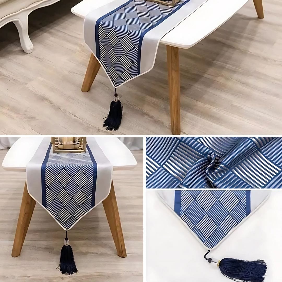 Chemin de Table Bleu Gris - Moderne Géométrique Structuré Chic
