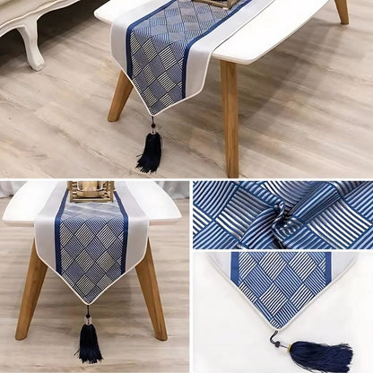 Chemin de Table Bleu Gris - Moderne Géométrique Structuré Chic