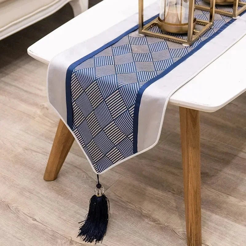 Chemin de Table Bleu Gris - Moderne Géométrique Structuré Chic