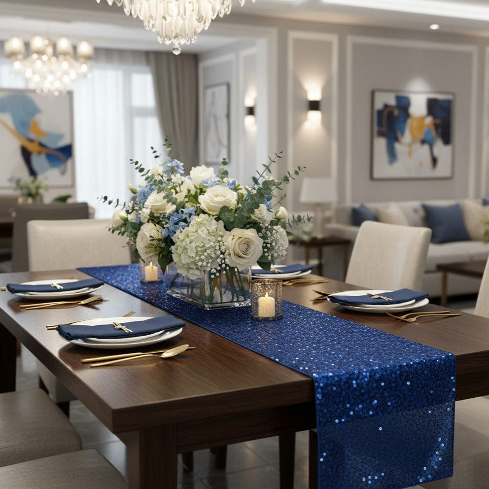 Chemin de Table Bleu Royal Pailleté - Prestance Aristocratique