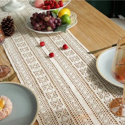 Chemin de Table Bohème Chic - Macramé Coton Franges Artisanal