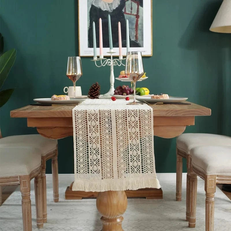 Chemin de Table Bohème Chic - Macramé Coton Franges Artisanal