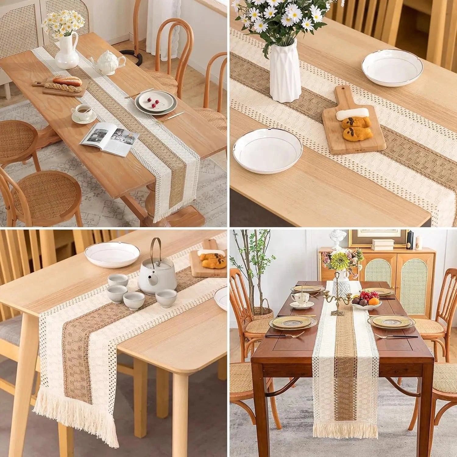 Chemin de Table Boheme - Tissage Artisanal Lin Coton Franges