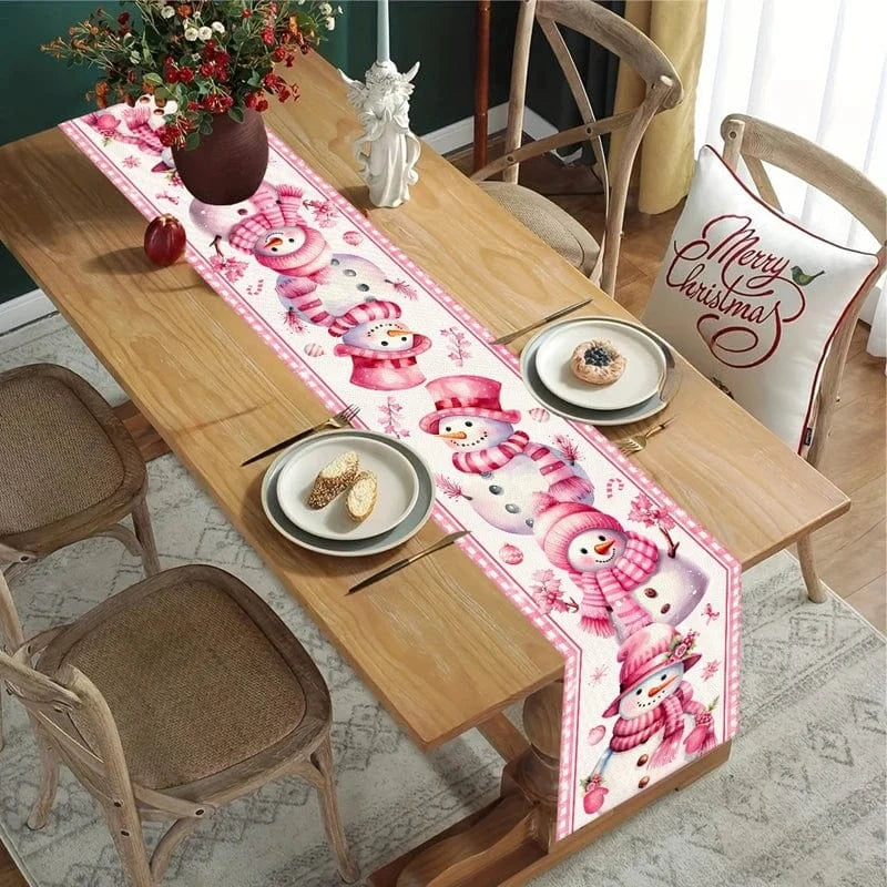 Chemin de Table Bonhomme de Neige Rose - Décoration Noël Lin