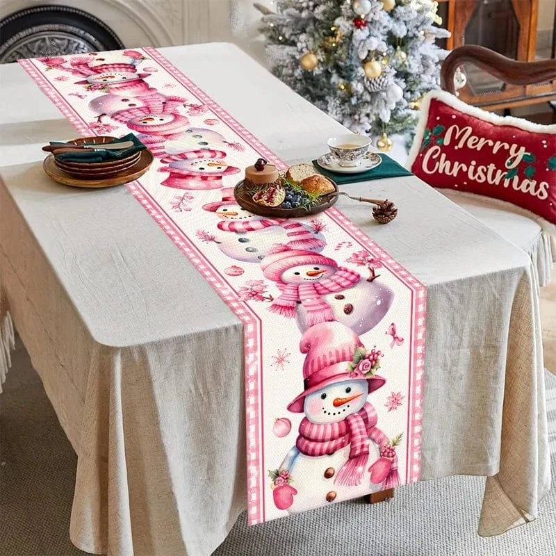 Chemin de Table Bonhomme de Neige Rose - Décoration Noël Lin