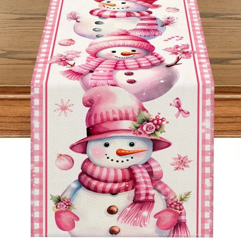 Chemin de Table Bonhomme de Neige Rose - Décoration Noël Lin