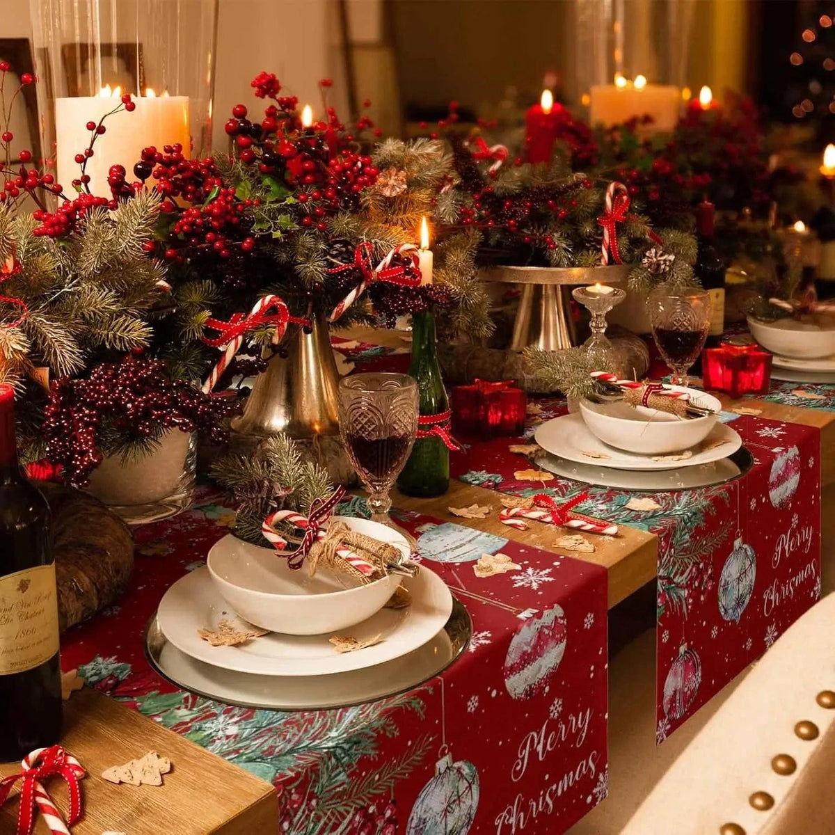 Chemin de Table Boules de Noël - Merry Christmas Lin Rouge