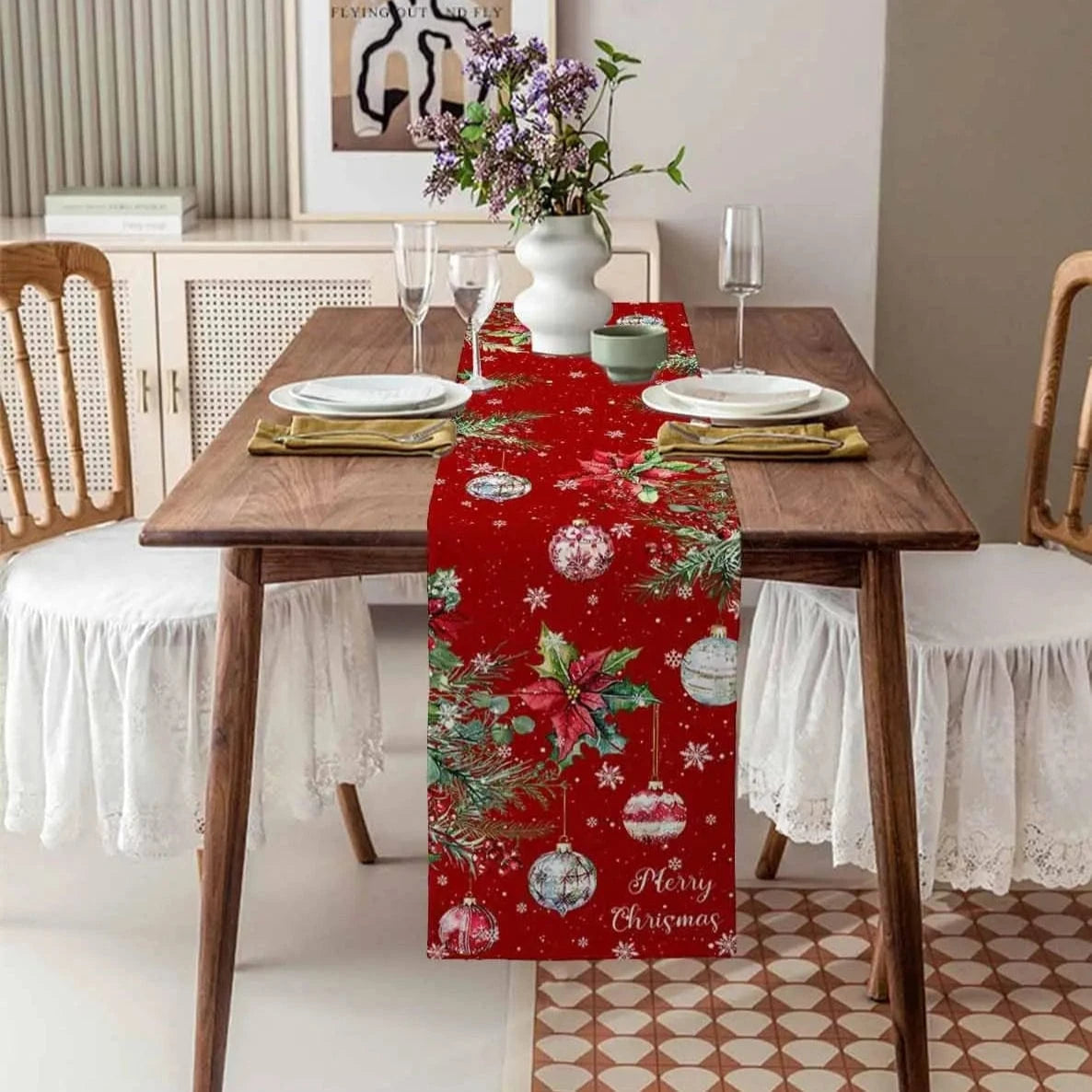 Chemin de Table Boules de Noël - Merry Christmas Lin Rouge