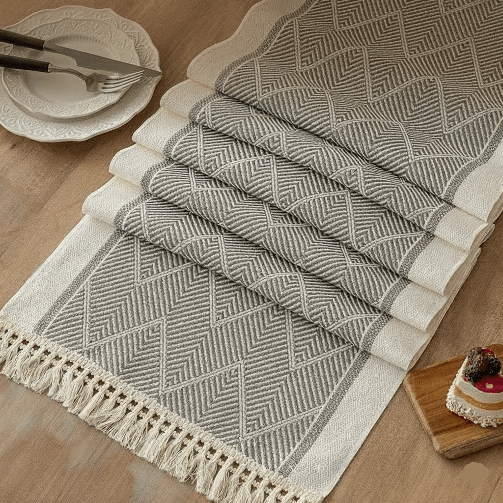Chemin de Table Chevron Gris - Style Bohème avec Franges