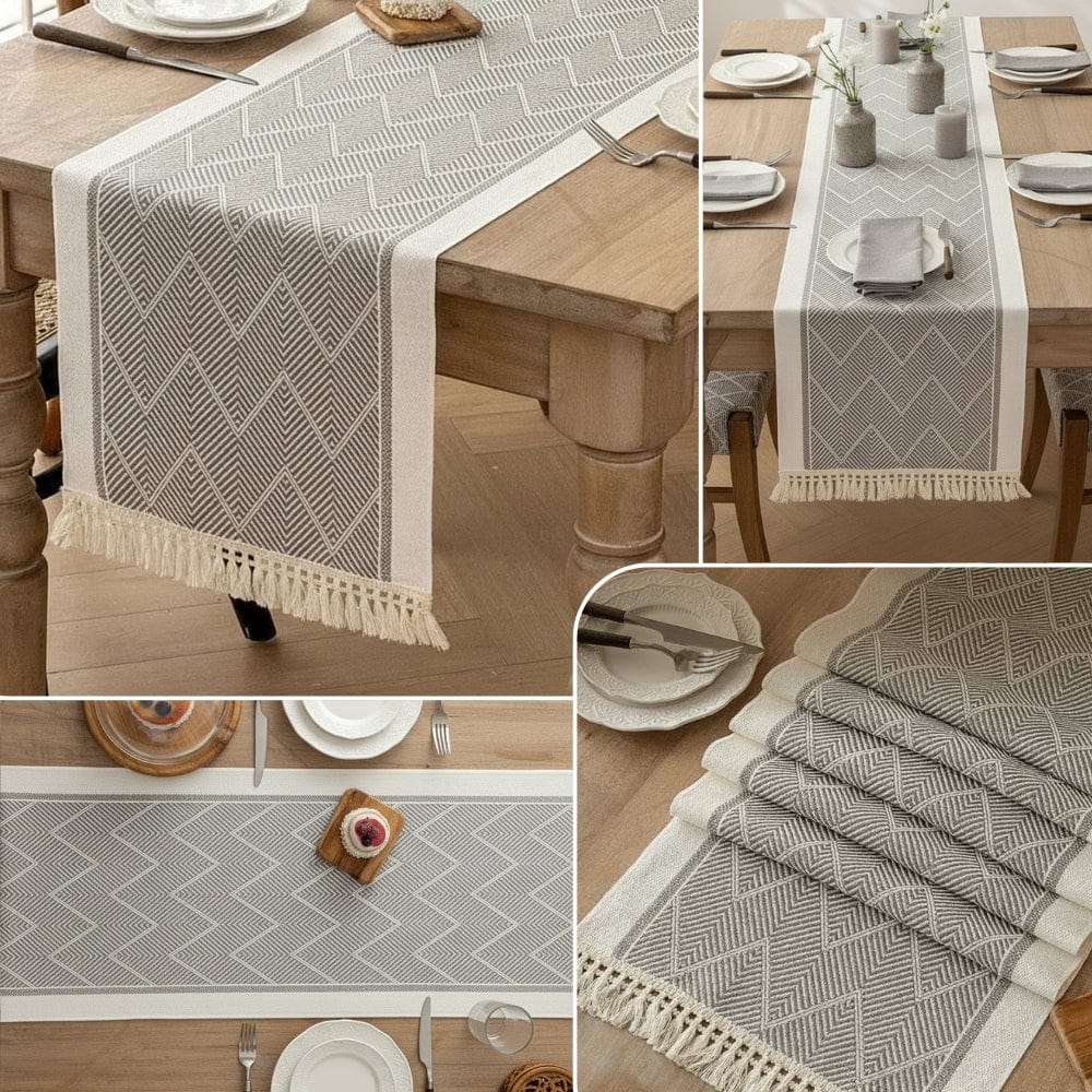 Chemin de Table Chevron Gris - Style Bohème avec Franges
