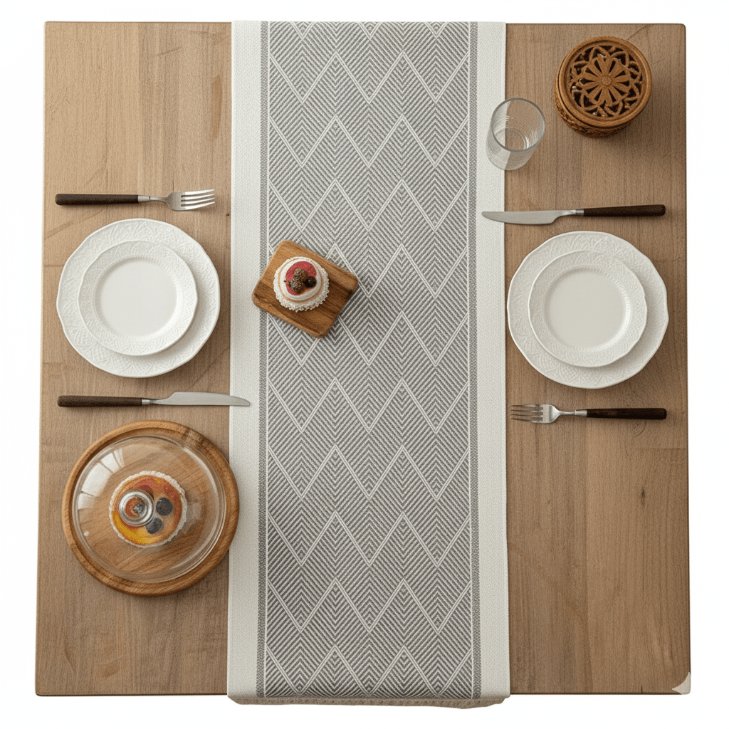 Chemin de Table Chevron Gris - Style Bohème avec Franges