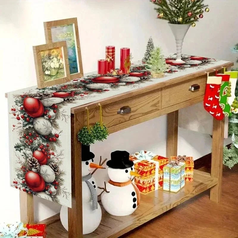 Chemin de Table Décor Noël - Illustration Vintage Festive