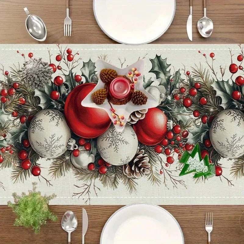Chemin de Table Décor Noël - Illustration Vintage Festive