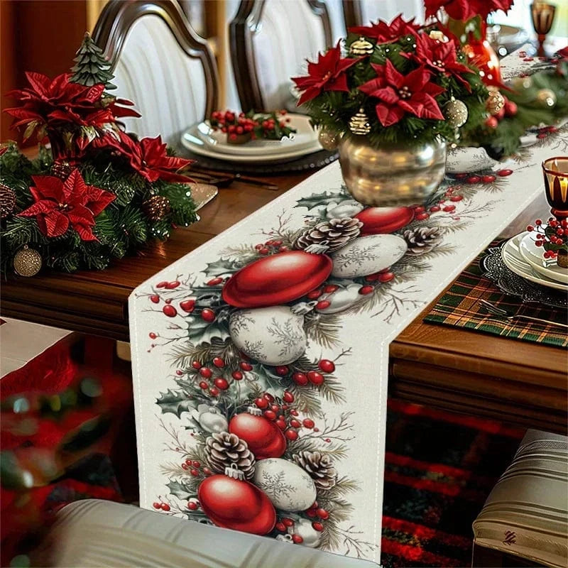 Chemin de Table Décor Noël - Illustration Vintage Festive