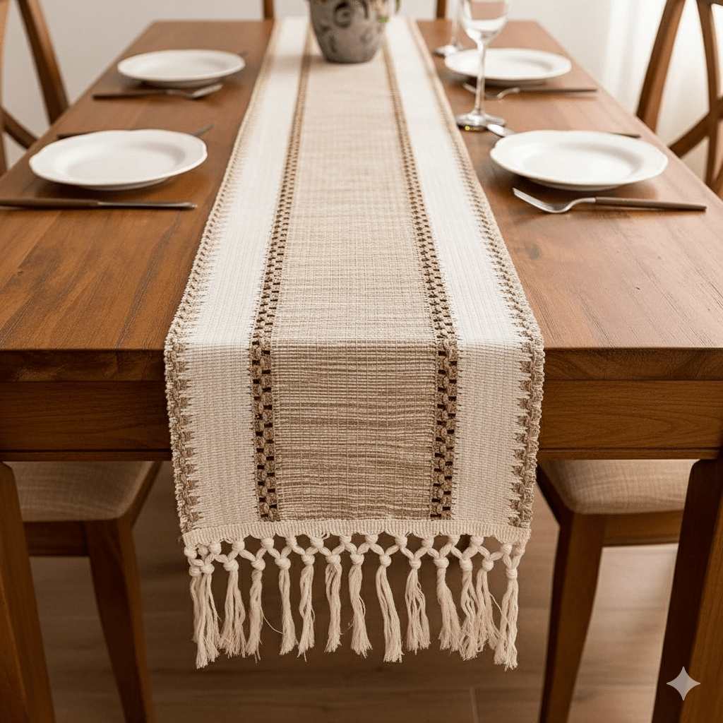 Chemin de Table Ecru Mariage Macramé Glands - Bohème Chic