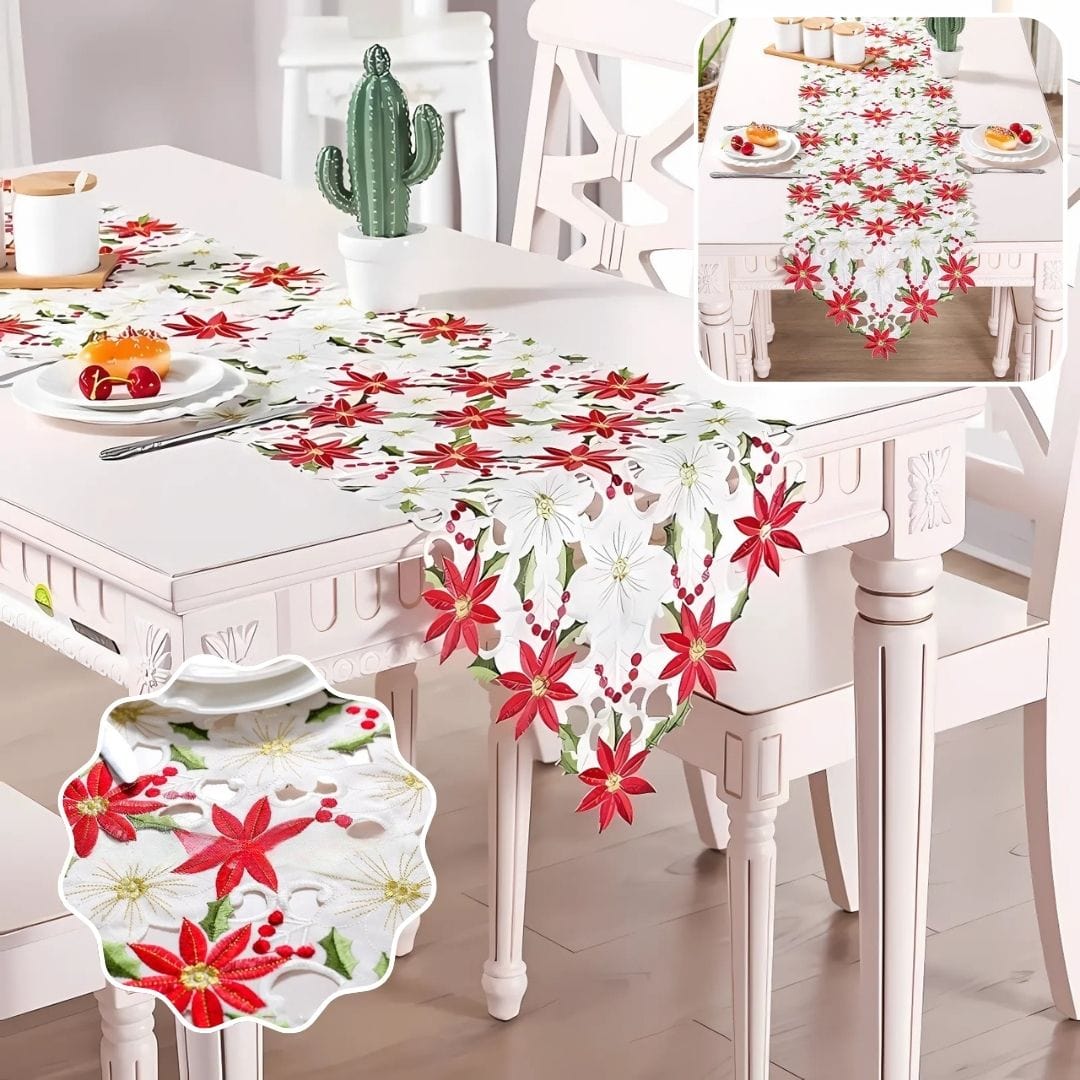 Chemin de Table en Fleur - Motifs Poinsettias Brodés Festifs