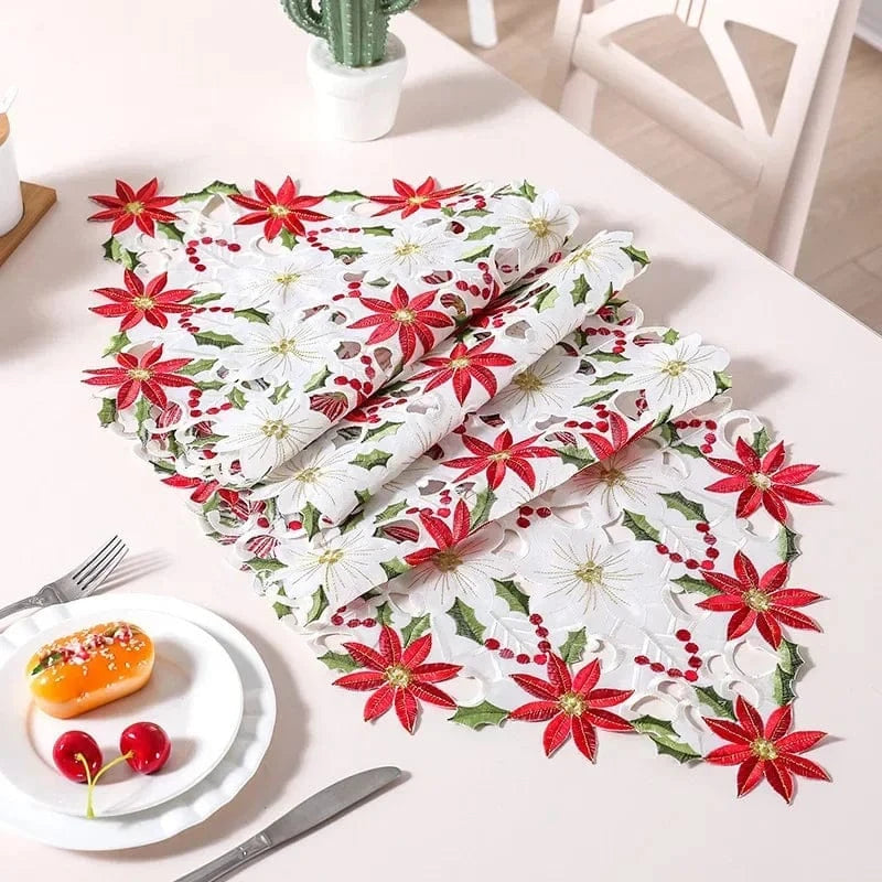 Chemin de Table en Fleur - Motifs Poinsettias Brodés Festifs