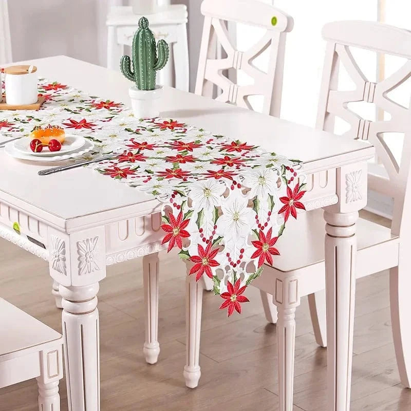 Chemin de Table en Fleur - Motifs Poinsettias Brodés Festifs