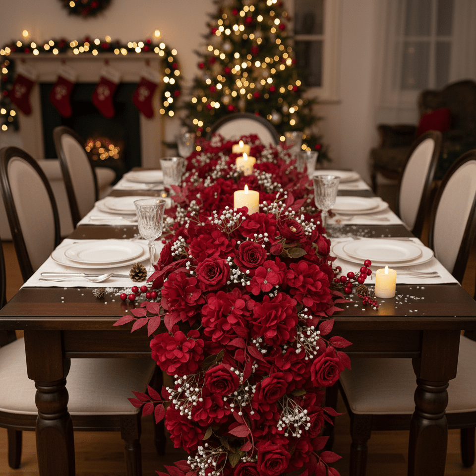 Chemin de Table en Fleurs pour Noël - Rouge Festif Luxueux