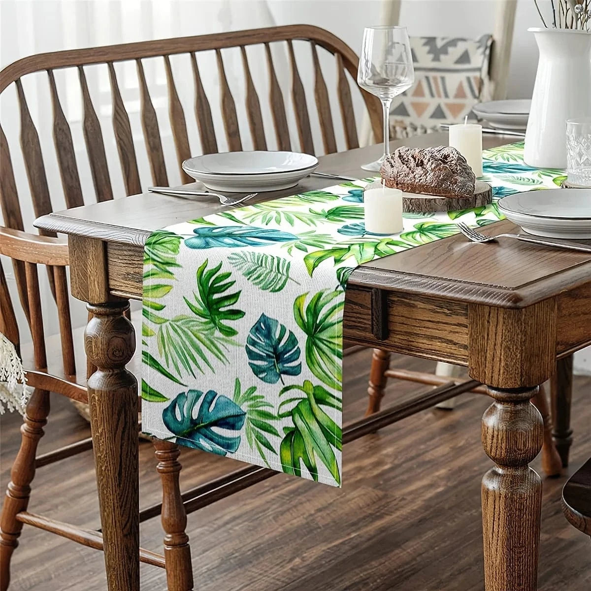 Chemin de Table Feuille Tropicale - Lin Naturel Motifs Exotiques