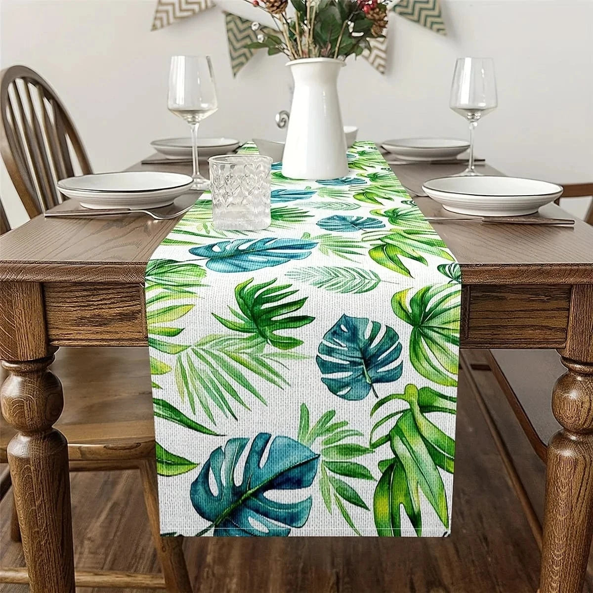 Chemin de Table Feuille Tropicale - Lin Naturel Motifs Exotiques