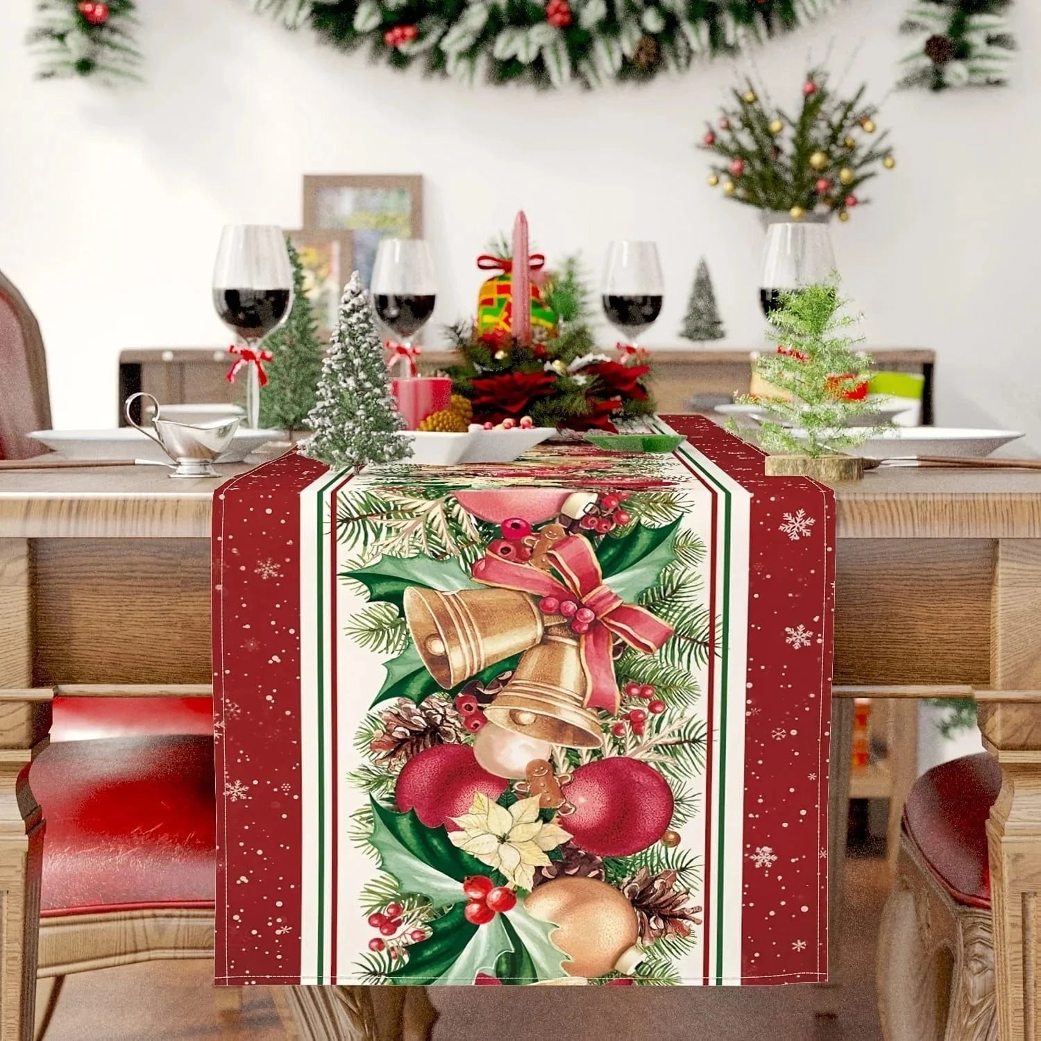 Chemin de Table Floral pour Noël - Poinsettias Cloches Lin