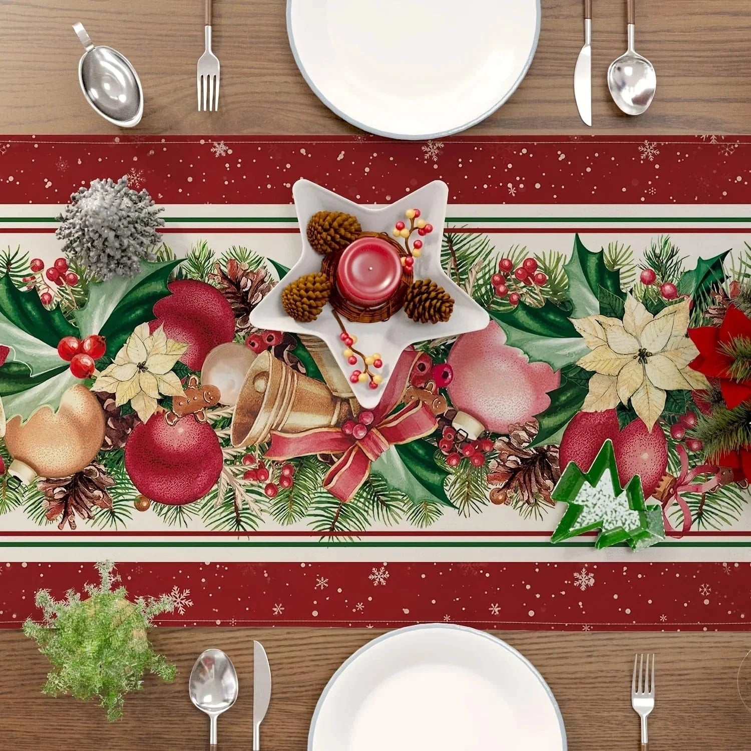 Chemin de Table Floral pour Noël - Poinsettias Cloches Lin