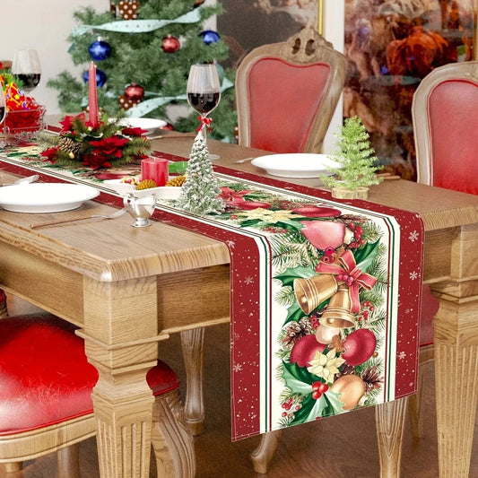 Chemin de Table Floral pour Noël - Poinsettias Cloches Lin