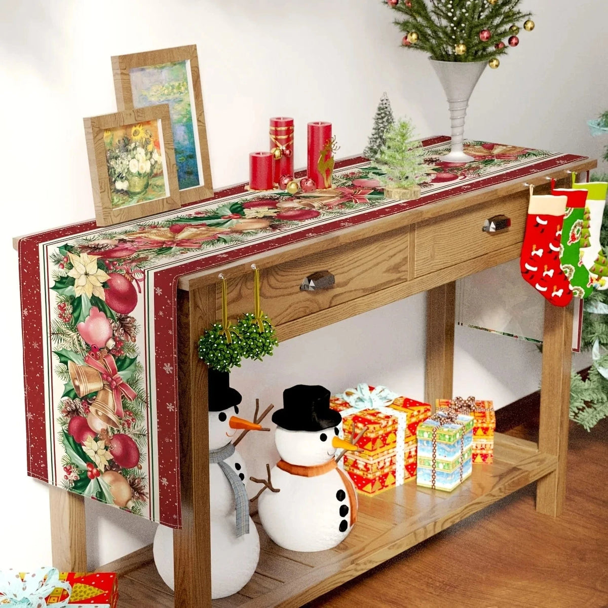 Chemin de Table Floral pour Noël - Poinsettias Cloches Lin