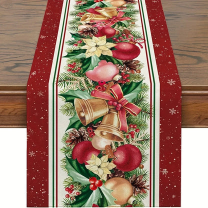 Chemin de Table Floral pour Noël - Poinsettias Cloches Lin