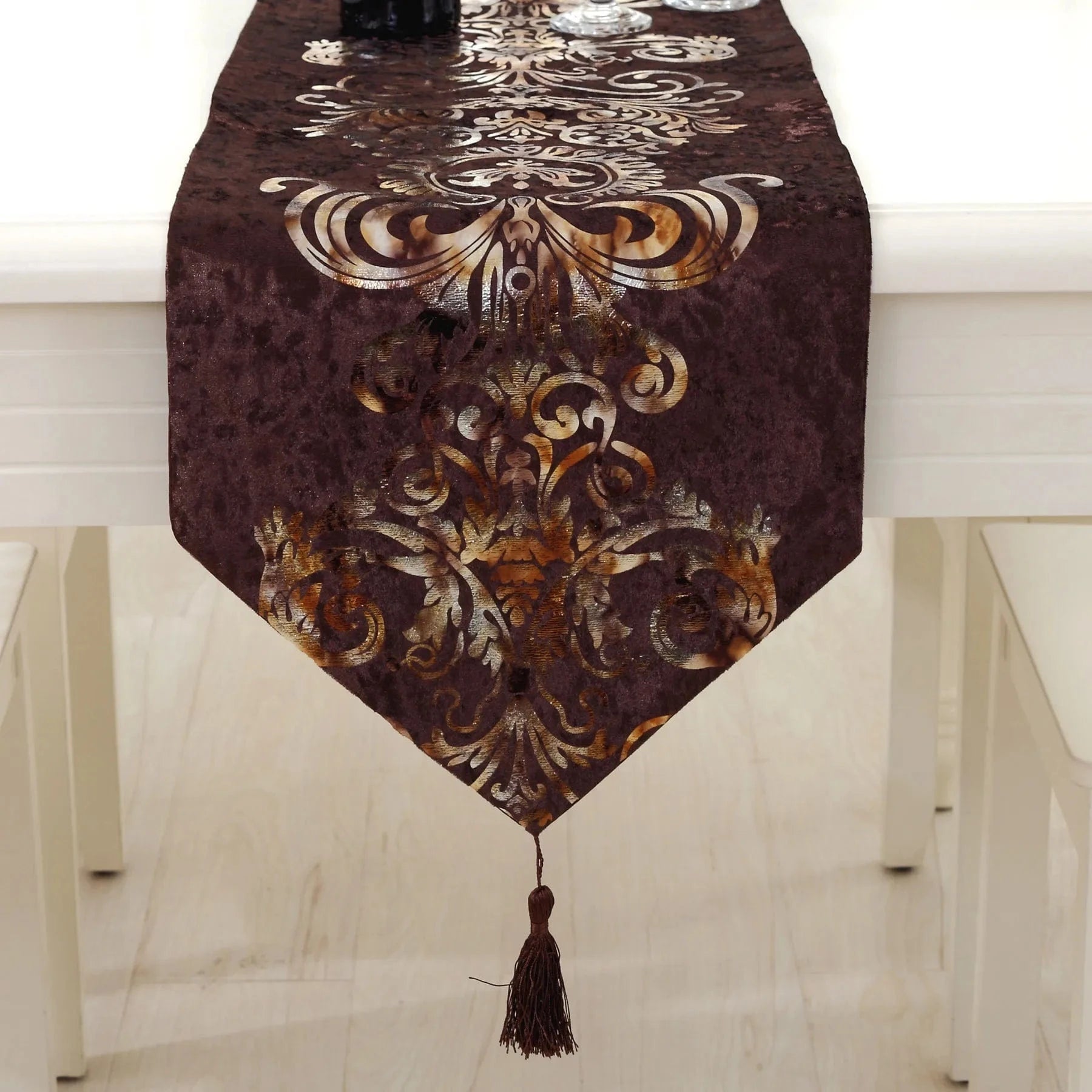 Chemin de Table Fourrure Marron - Broderies Dorées Luxe