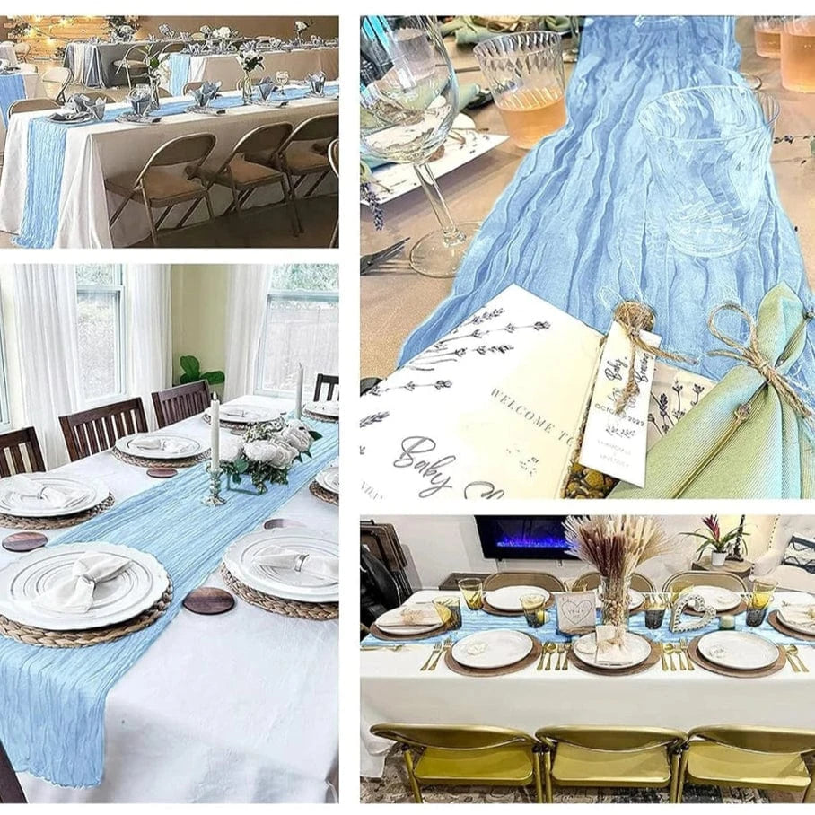 Chemin de Table Gaze Coton Bleu - Texture Froissée Bohème