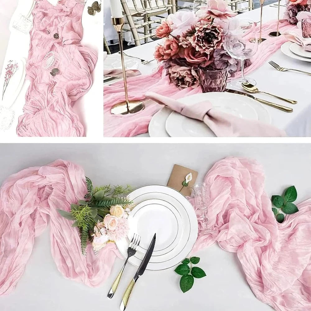Chemin de Table Gaze Coton Rose - Romantique Froissé Tendre
