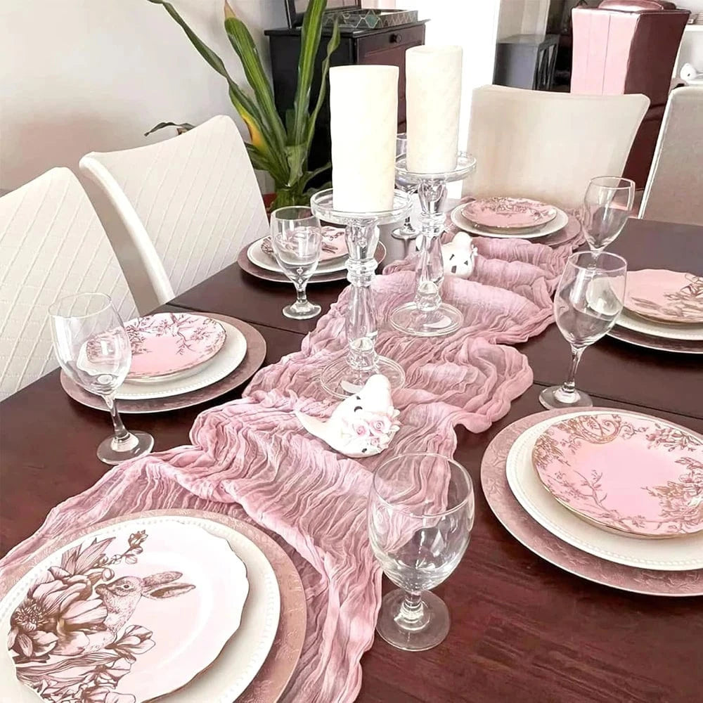 Chemin de Table Gaze Coton Rose - Romantique Froissé Tendre