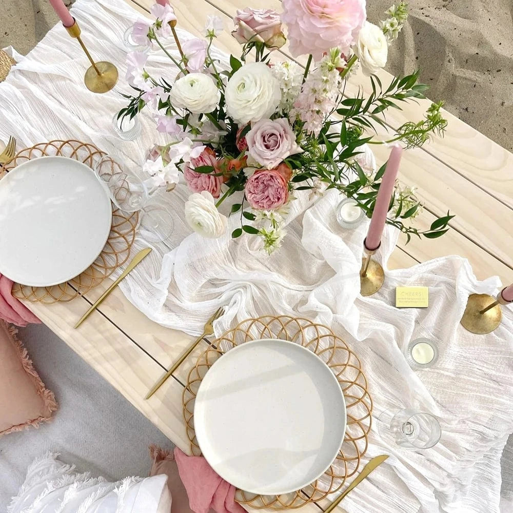 Chemin de Table Gaze de Coton Blanc - Élégance Minimaliste