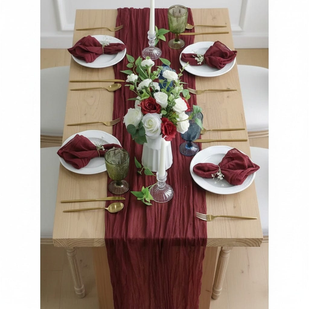 Chemin de Table Gaze de Coton Bordeaux - Texture Plissée Chic