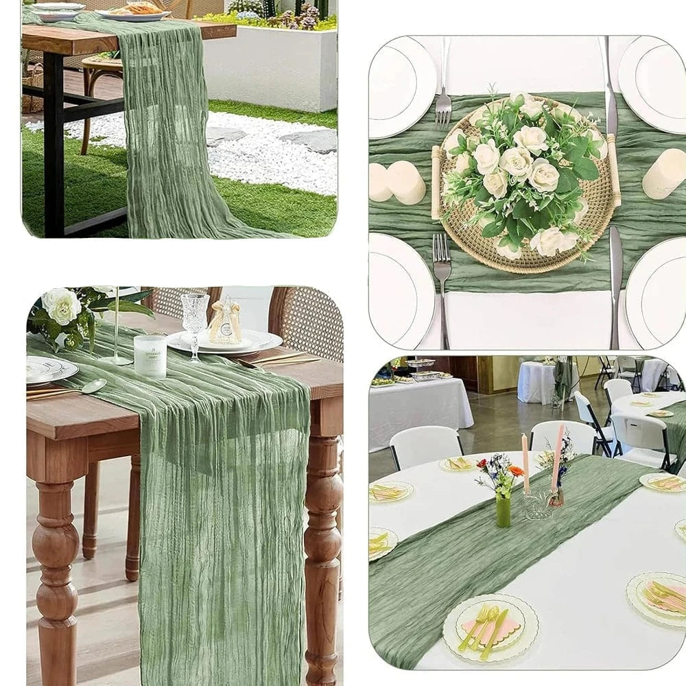 Chemin de Table Gaze de Coton Vert Sauge - Tendance 2025