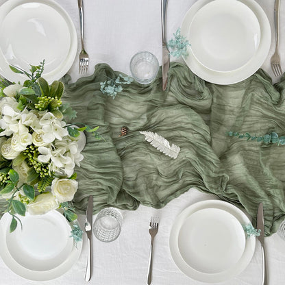 Chemin de Table Gaze de Coton Vert Sauge - Tendance 2025