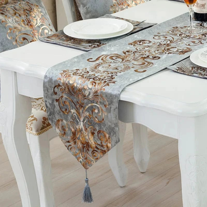 Chemin de Table Gris et Doré - Velours Brodé Luxe Premium