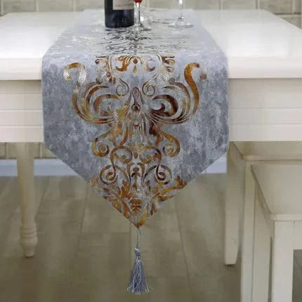 Chemin de Table Gris et Doré - Velours Brodé Luxe Premium