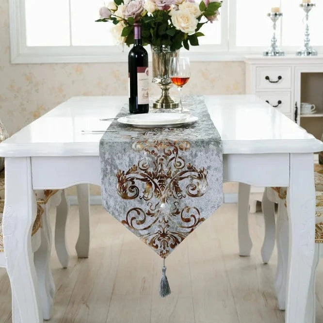 Chemin de Table Gris et Doré - Velours Brodé Luxe Premium