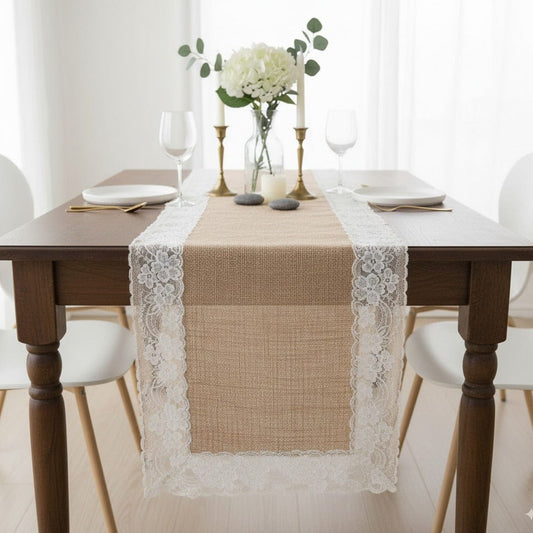 Chemin de Table Jute Brodé et Dentelle - Finitions Festonnées