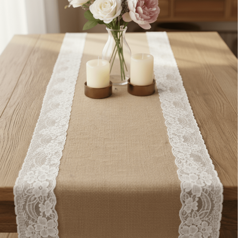 Chemin de Table Jute Brodé et Dentelle - Finitions Festonnées