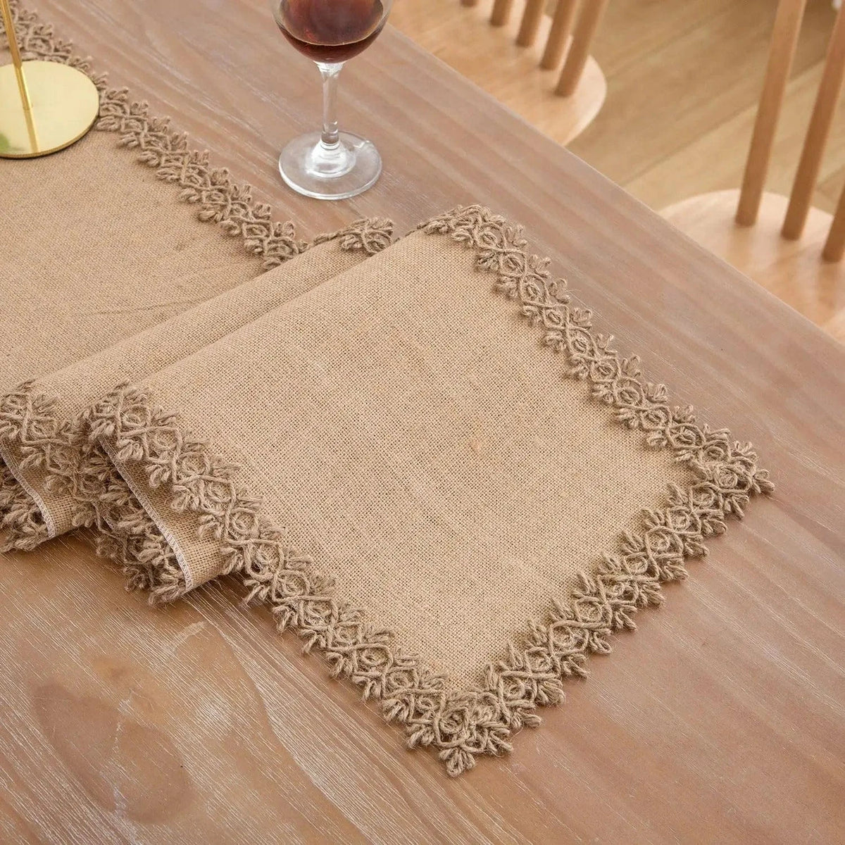 Chemin de Table Jute Vintage Bordure Relief - Bohème Chic