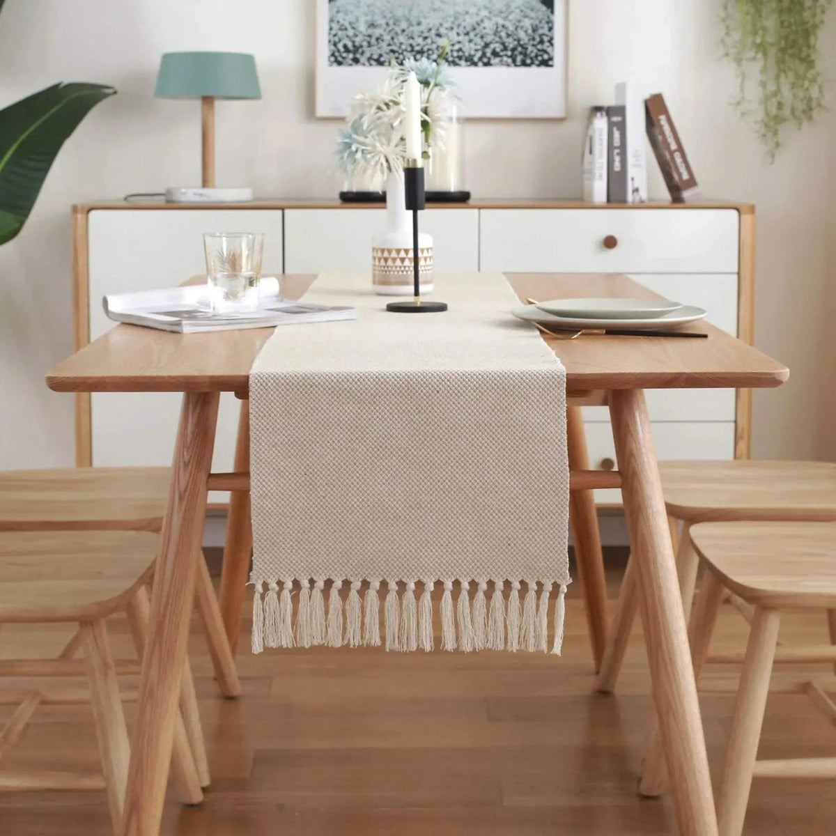 Chemin de Table Lin Beige - Tissage Artisanal Franges Naturel