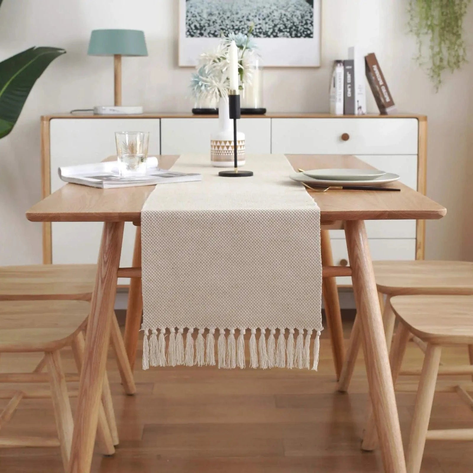 Chemin de Table Lin Beige - Tissage Artisanal Franges Naturel