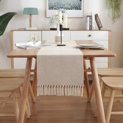 Chemin de Table Lin Beige - Tissage Artisanal Franges Naturel